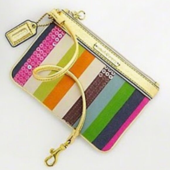 Coach Poppy Sequin Legacy Stripe Small Wristlet in Brass/Multi, NWT - Picture 8 of 8